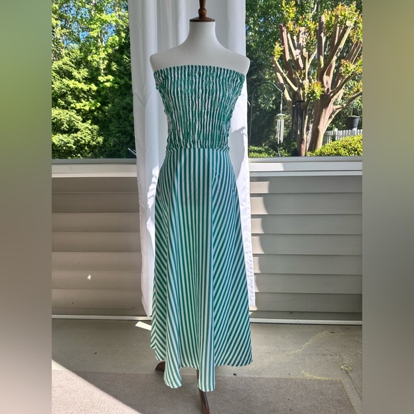Strapless smocked striped green dress - Picture 3 of 8